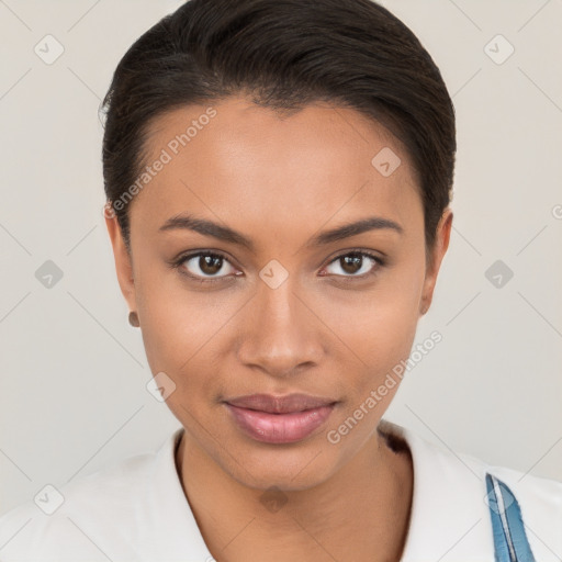 Joyful white young-adult female with short  brown hair and brown eyes