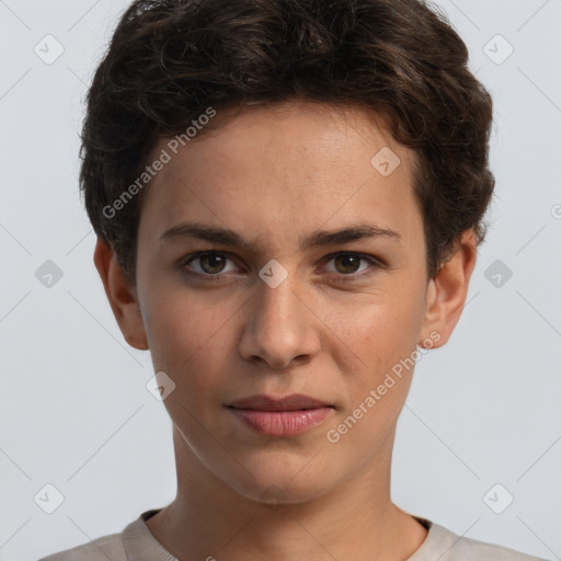 Neutral white young-adult female with short  brown hair and brown eyes