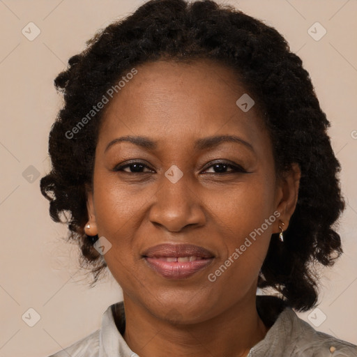 Joyful black adult female with medium  brown hair and brown eyes