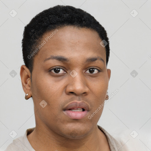 Neutral black young-adult female with short  black hair and brown eyes