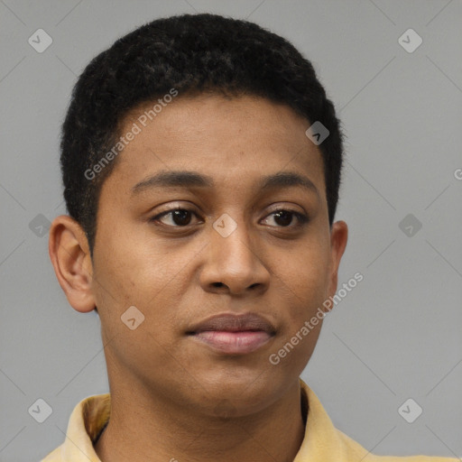 Joyful black young-adult male with short  brown hair and brown eyes