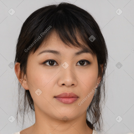 Neutral asian young-adult female with medium  brown hair and brown eyes