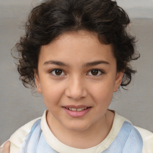 Joyful white child female with medium  brown hair and brown eyes