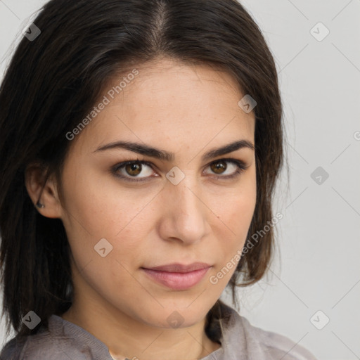 Neutral white young-adult female with long  brown hair and brown eyes