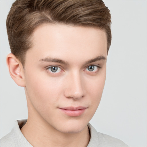 Neutral white young-adult male with short  brown hair and brown eyes