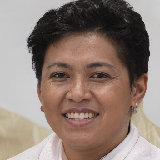 Joyful asian adult female with short  brown hair and brown eyes