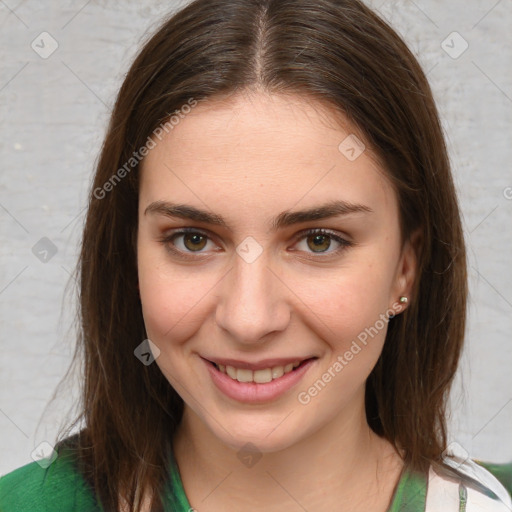 Joyful white young-adult female with medium  brown hair and green eyes