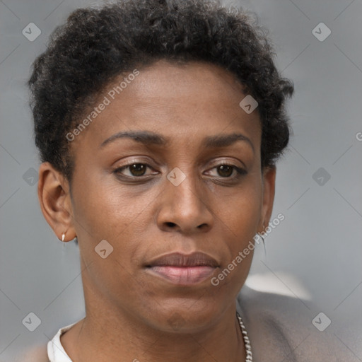 Neutral black young-adult female with short  brown hair and brown eyes