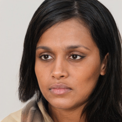 Neutral asian young-adult female with long  black hair and brown eyes