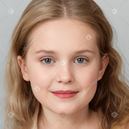 Joyful white child female with medium  brown hair and grey eyes