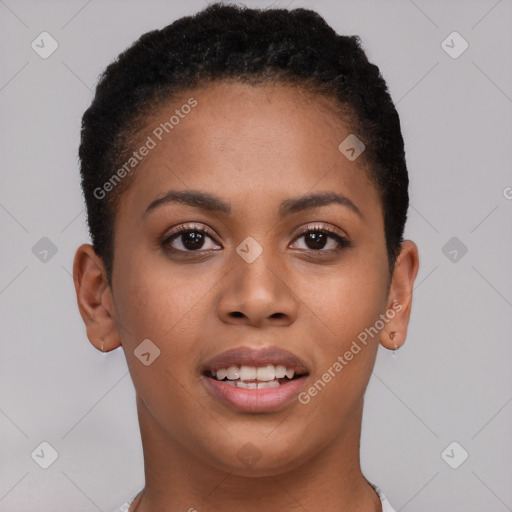 Joyful latino young-adult female with short  brown hair and brown eyes