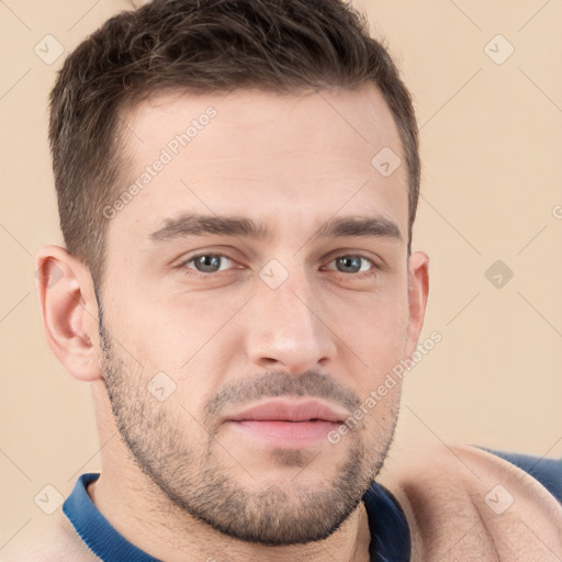 Neutral white young-adult male with short  brown hair and grey eyes