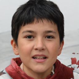 Joyful white child female with short  brown hair and brown eyes