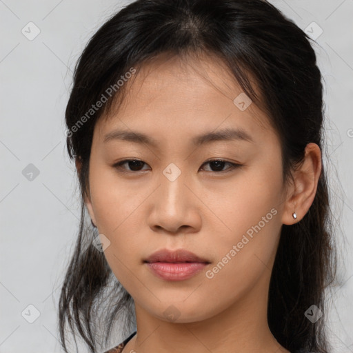 Neutral asian young-adult female with medium  brown hair and brown eyes