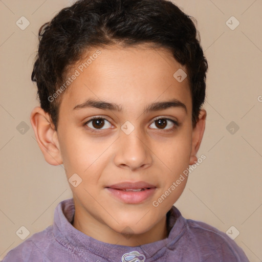 Joyful white child female with short  brown hair and brown eyes