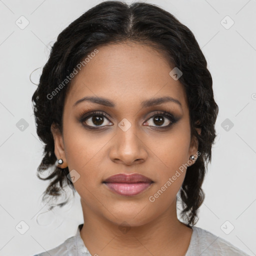 Joyful black young-adult female with medium  brown hair and brown eyes