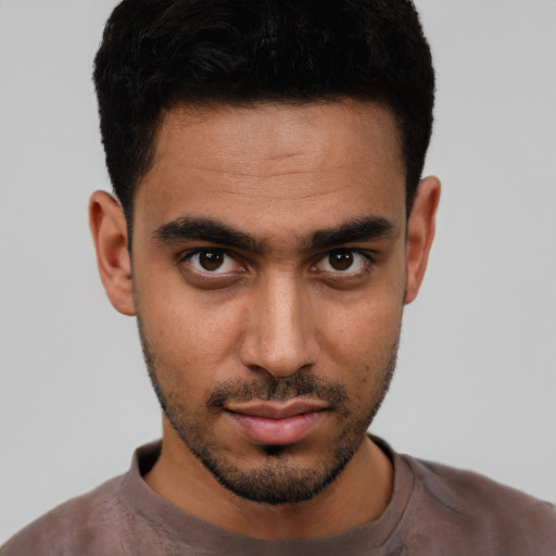 Neutral white young-adult male with short  black hair and brown eyes