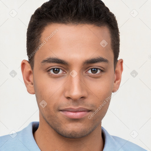 Neutral white young-adult male with short  brown hair and brown eyes