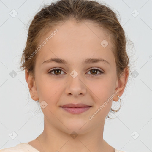 Joyful white child female with medium  brown hair and brown eyes