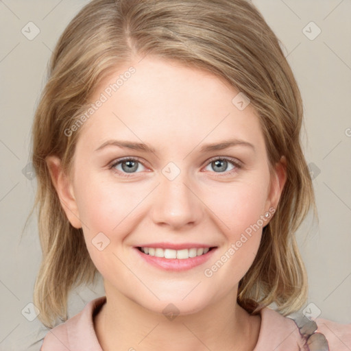 Joyful white young-adult female with medium  brown hair and blue eyes