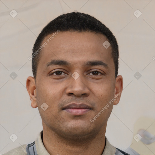 Neutral latino young-adult male with short  black hair and brown eyes