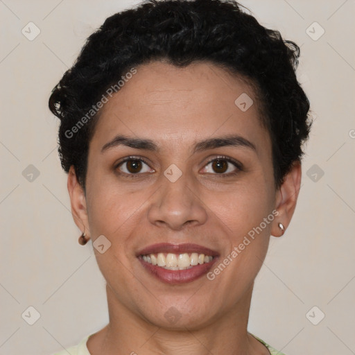 Joyful latino young-adult female with short  brown hair and brown eyes