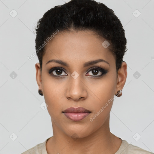 Neutral latino young-adult female with short  black hair and brown eyes