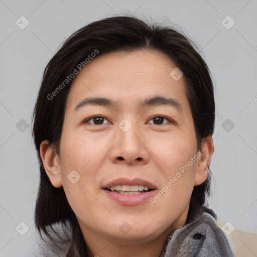 Joyful asian young-adult female with medium  brown hair and brown eyes