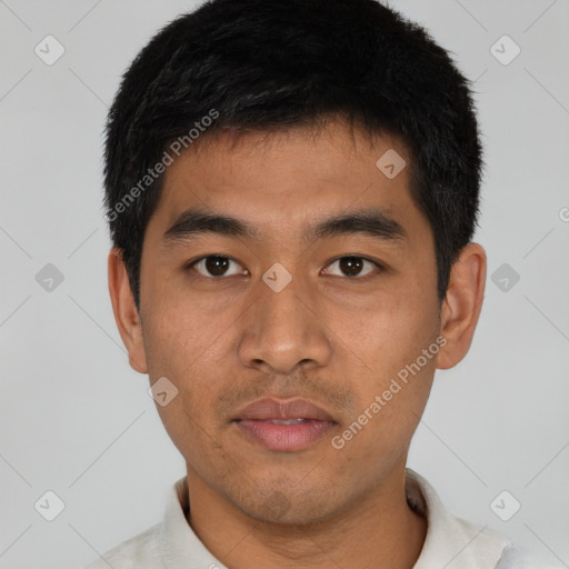 Neutral asian young-adult male with short  black hair and brown eyes