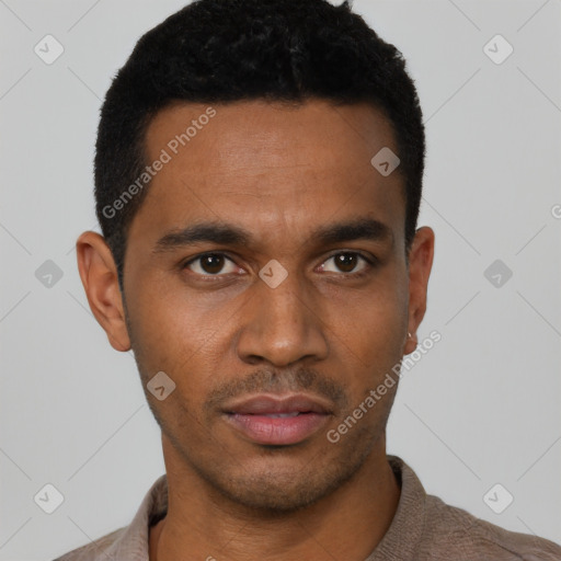 Neutral black young-adult male with short  black hair and brown eyes