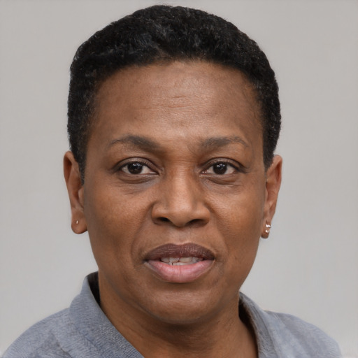 Joyful black adult female with short  black hair and brown eyes