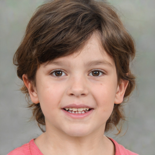 Joyful white child female with medium  brown hair and brown eyes