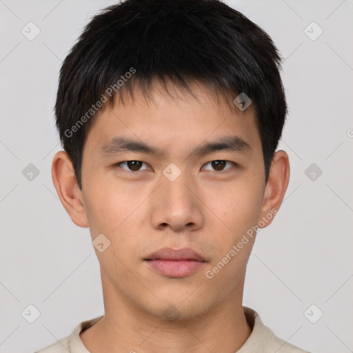 Neutral asian young-adult male with short  brown hair and brown eyes