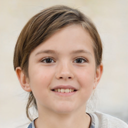 Joyful white child female with medium  brown hair and grey eyes