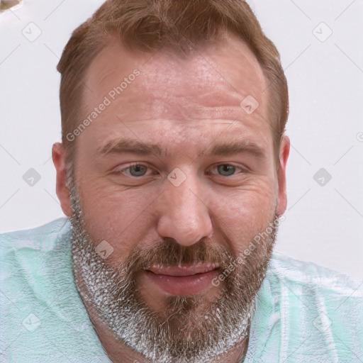 Joyful white adult male with short  brown hair and grey eyes