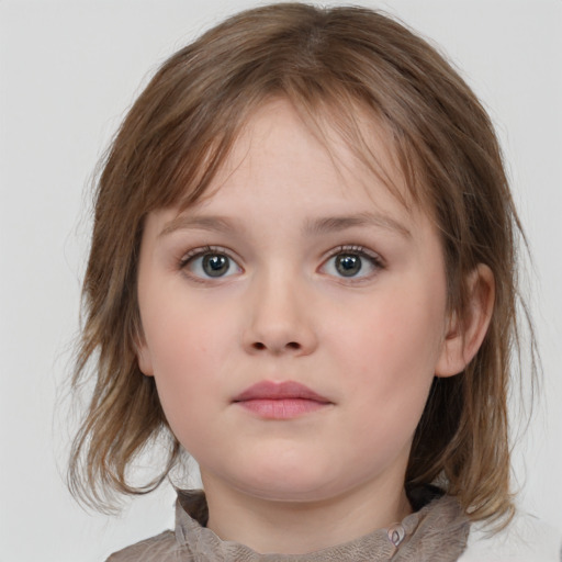 Neutral white child female with medium  brown hair and grey eyes