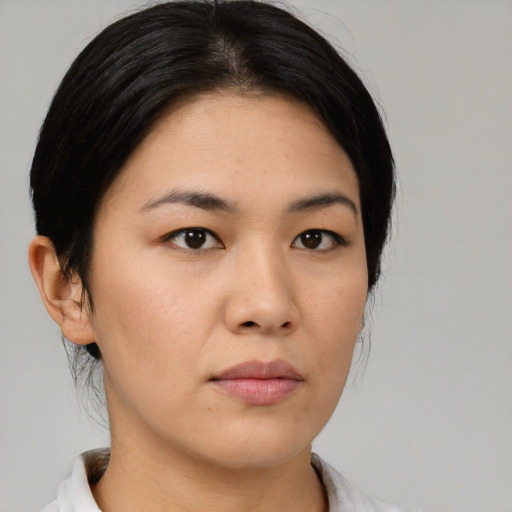 Neutral asian young-adult female with medium  black hair and brown eyes