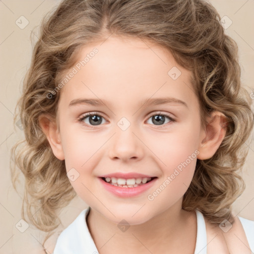 Joyful white child female with medium  brown hair and grey eyes