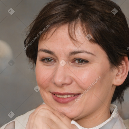 Joyful white adult female with medium  brown hair and brown eyes