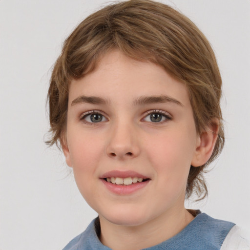 Joyful white child female with medium  brown hair and grey eyes