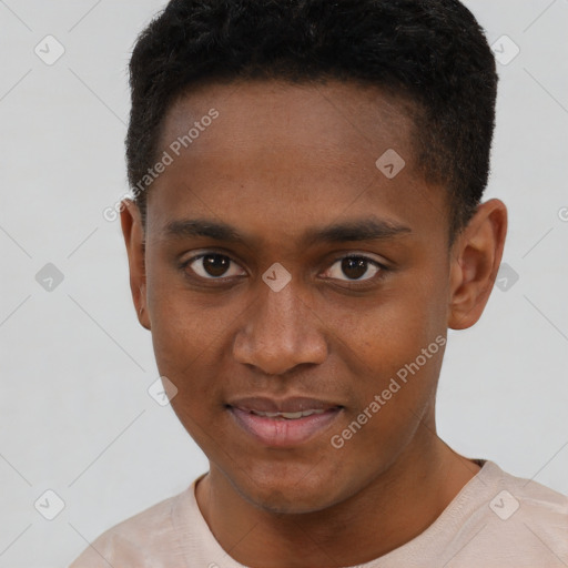 Joyful black young-adult male with short  brown hair and brown eyes