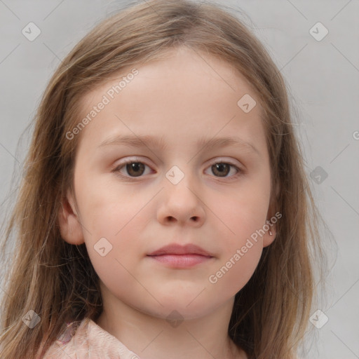 Neutral white child female with medium  brown hair and blue eyes