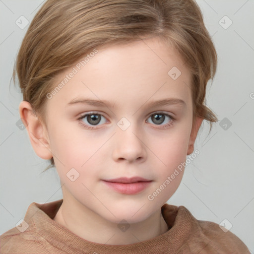 Neutral white child female with medium  brown hair and grey eyes