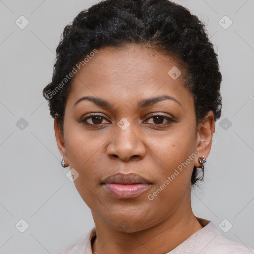 Neutral black young-adult female with short  brown hair and brown eyes