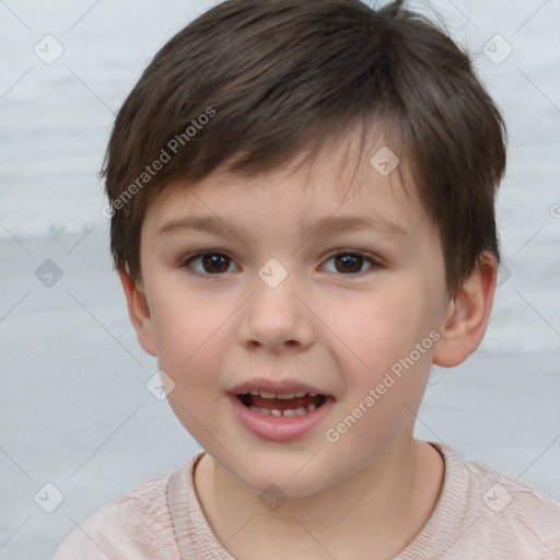 Joyful white child male with short  brown hair and brown eyes