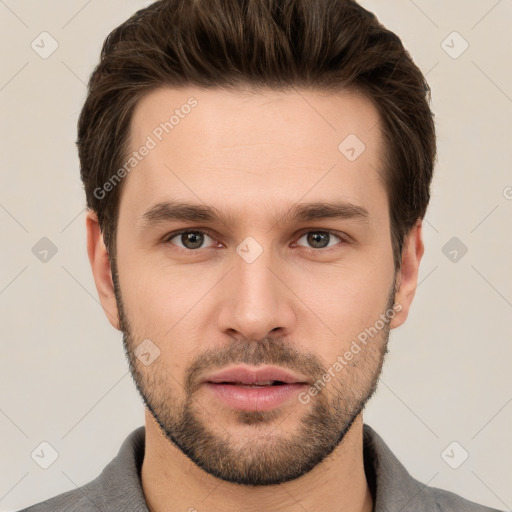 Neutral white young-adult male with short  brown hair and brown eyes