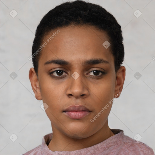 Neutral black young-adult female with short  black hair and brown eyes