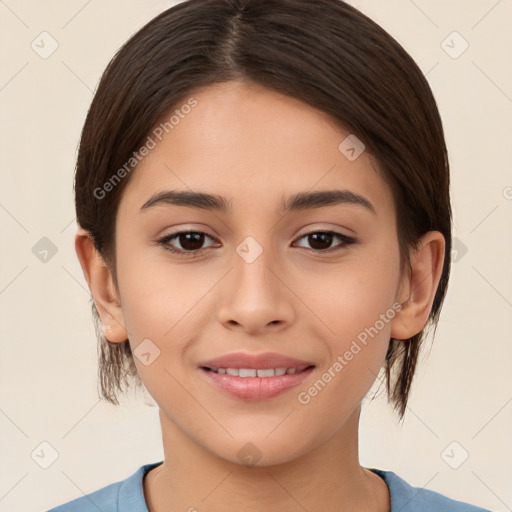 Joyful white young-adult female with medium  brown hair and brown eyes