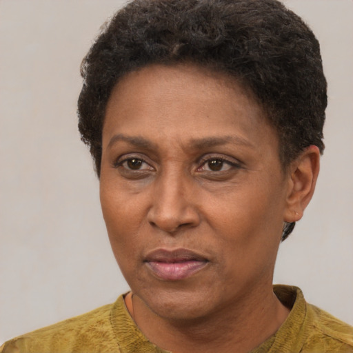 Neutral black adult female with short  brown hair and brown eyes