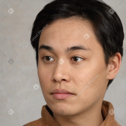 Neutral asian young-adult male with short  brown hair and brown eyes